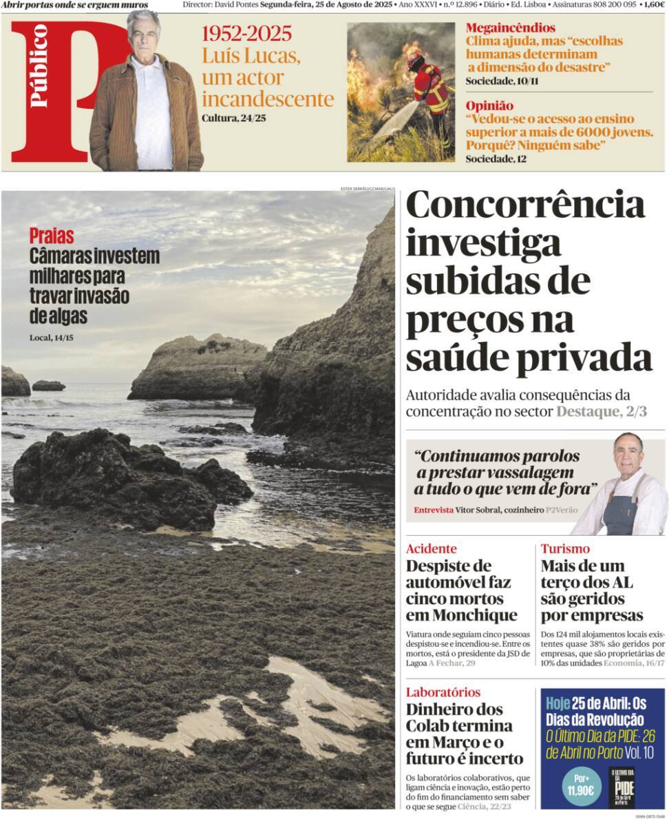 P&uacute;blico: Capa da Edi&ccedil;&atilde;o de segunda-feira, 25 de agosto 2025