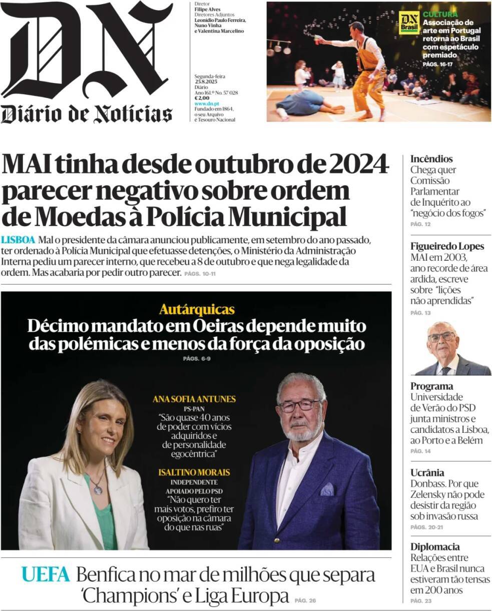 Di&aacute;rio de Not&iacute;cias: Capa da Edi&ccedil;&atilde;o de segunda-feira, 25 de agosto 2025