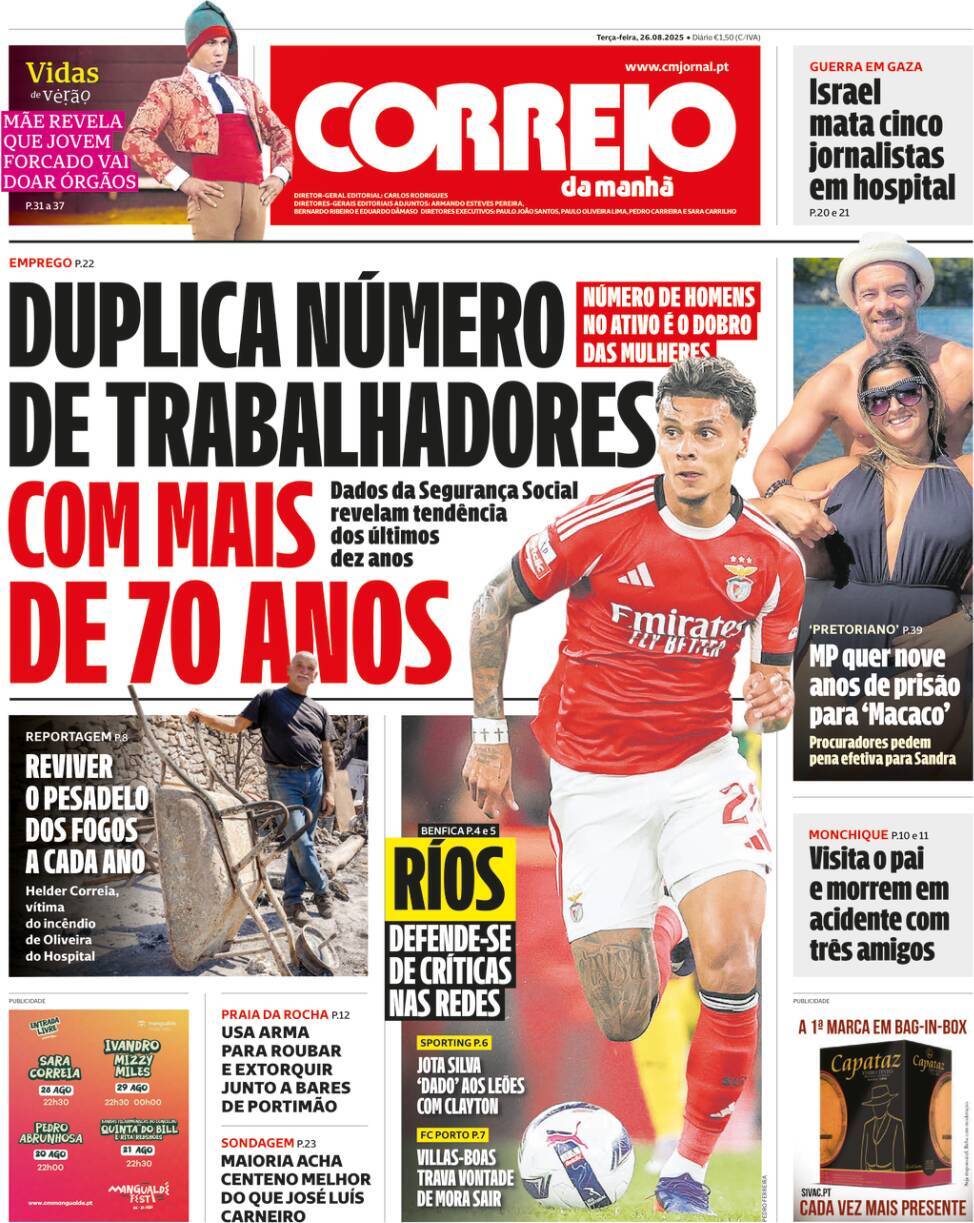 Correio da Manh&atilde;: Capa da Edi&ccedil;&atilde;o de ter&ccedil;a-feira, 26 de agosto 2025