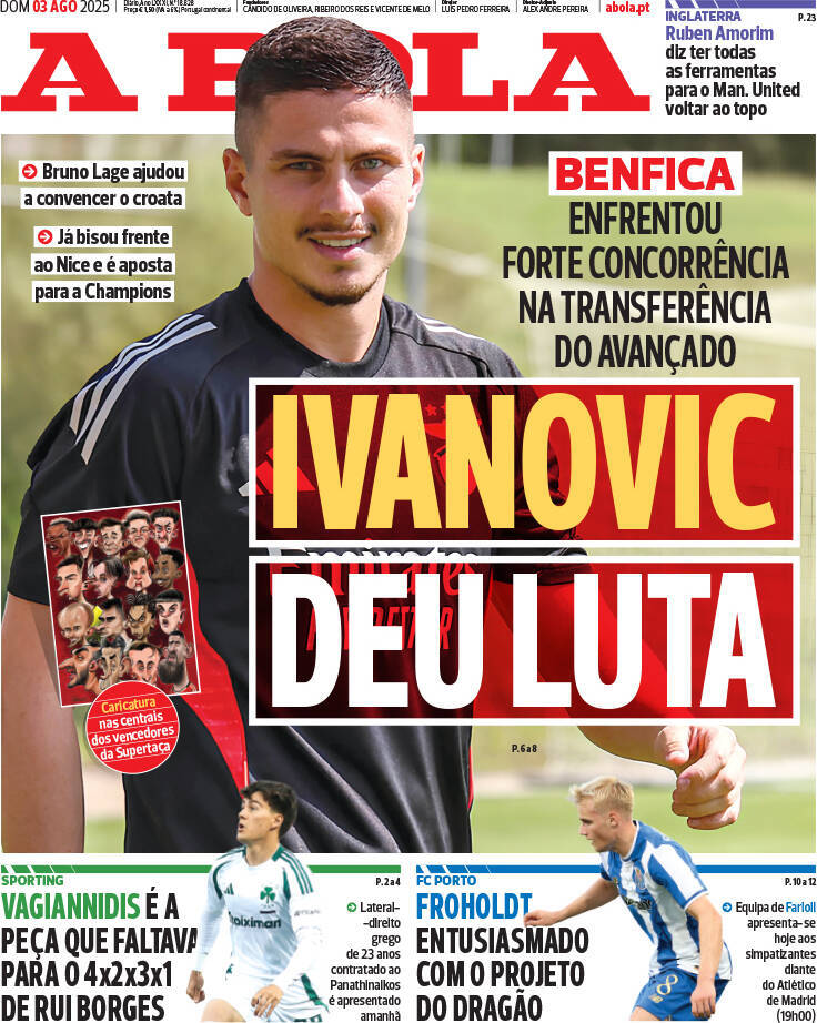 A Bola: Capa da Edi&ccedil;&atilde;o de domingo, 03 de agosto 2025