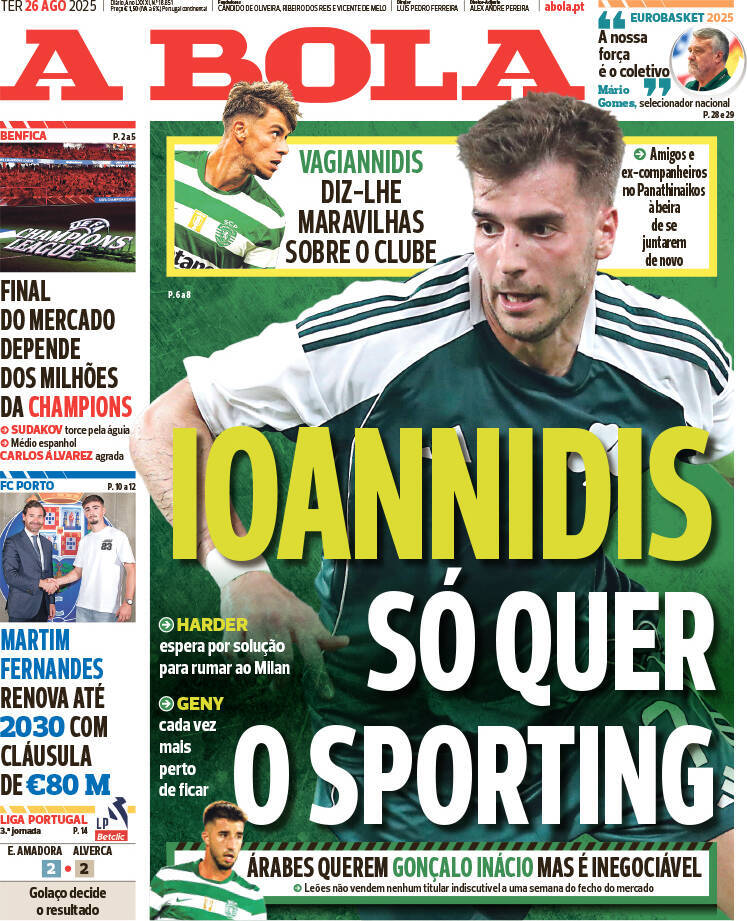 A Bola: Capa da Edi&ccedil;&atilde;o de ter&ccedil;a-feira, 26 de agosto 2025