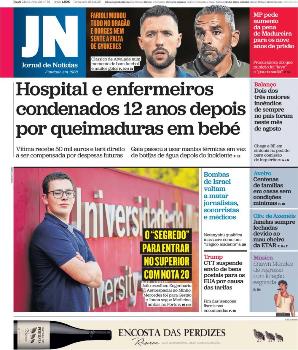 Jornal de Not&iacute;cias: Capa da Edi&ccedil;&atilde;o de ter&ccedil;a-feira, 26 de agosto 2025