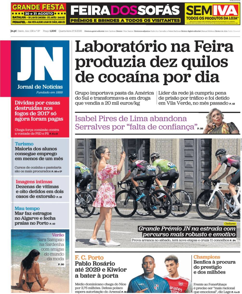 Jornal de Not&iacute;cias: Capa da Edi&ccedil;&atilde;o de quarta-feira, 27 de agosto 2025