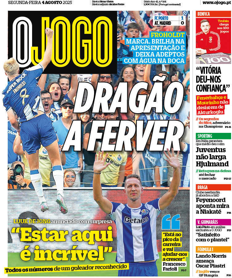 O Jogo: Capa da Edi&ccedil;&atilde;o de segunda-feira, 04 de agosto 2025