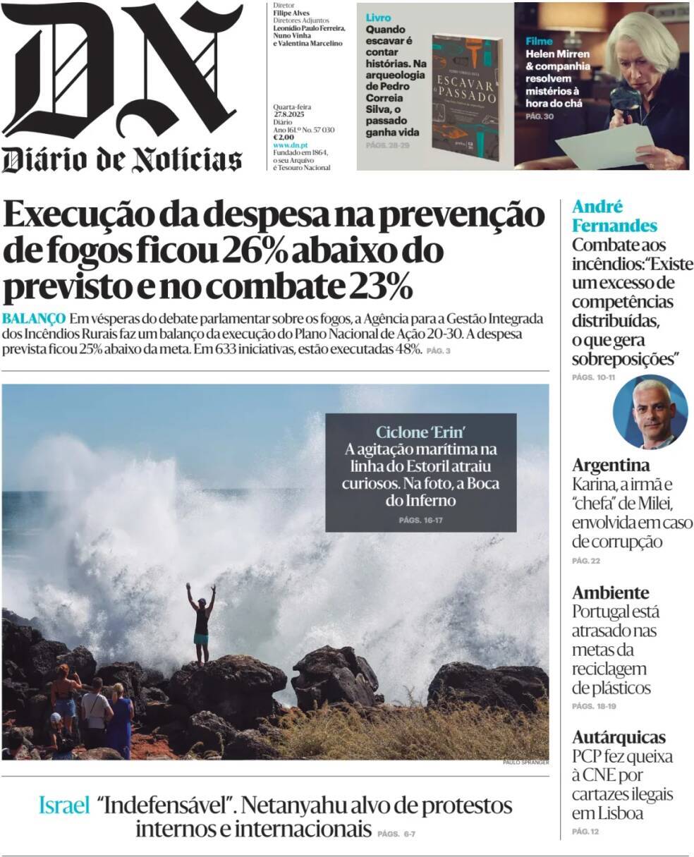 Di&aacute;rio de Not&iacute;cias: Capa da Edi&ccedil;&atilde;o de quarta-feira, 27 de agosto 2025