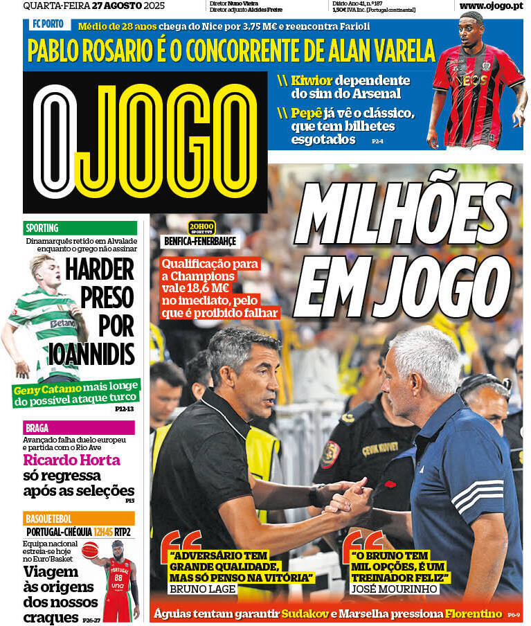 O Jogo: Capa da Edi&ccedil;&atilde;o de quarta-feira, 27 de agosto 2025