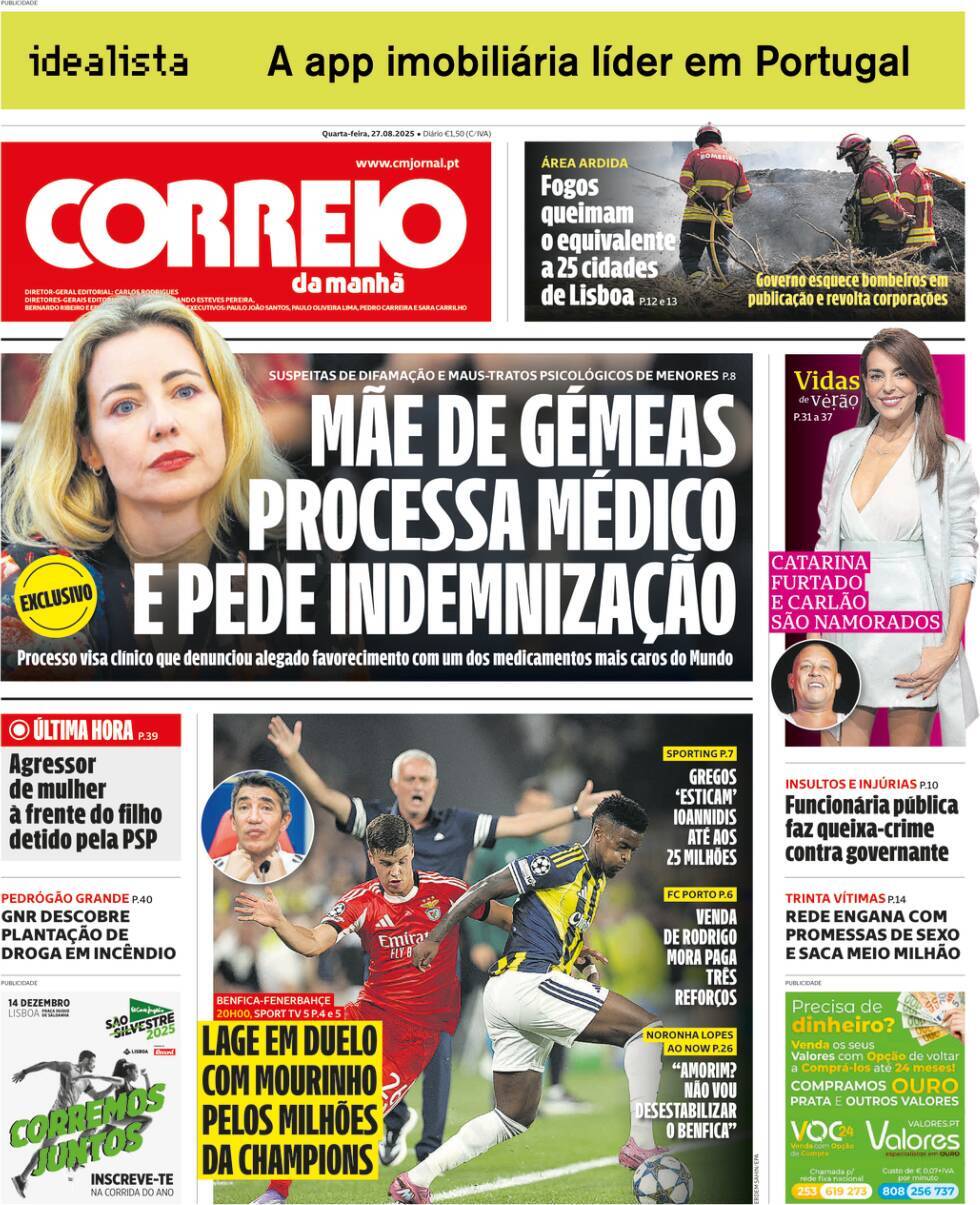 Correio da Manh&atilde;: Capa da Edi&ccedil;&atilde;o de quarta-feira, 27 de agosto 2025