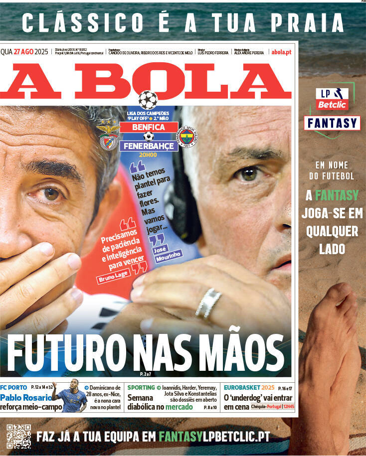 A Bola: Capa da Edi&ccedil;&atilde;o de quarta-feira, 27 de agosto 2025