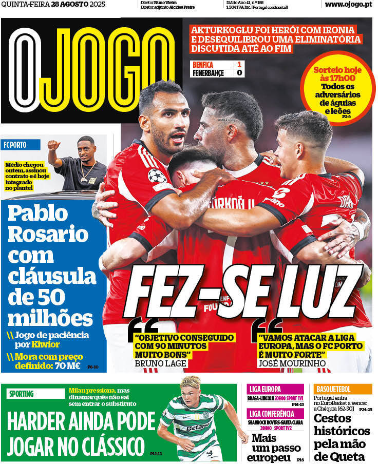 O Jogo: Capa da Edi&ccedil;&atilde;o de quinta-feira, 28 de agosto 2025