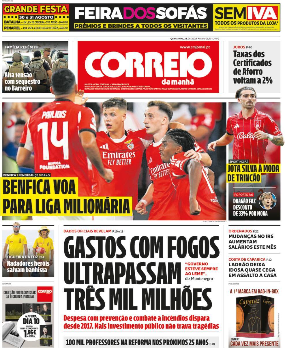 Correio da Manh&atilde;: Capa da Edi&ccedil;&atilde;o de quinta-feira, 28 de agosto 2025