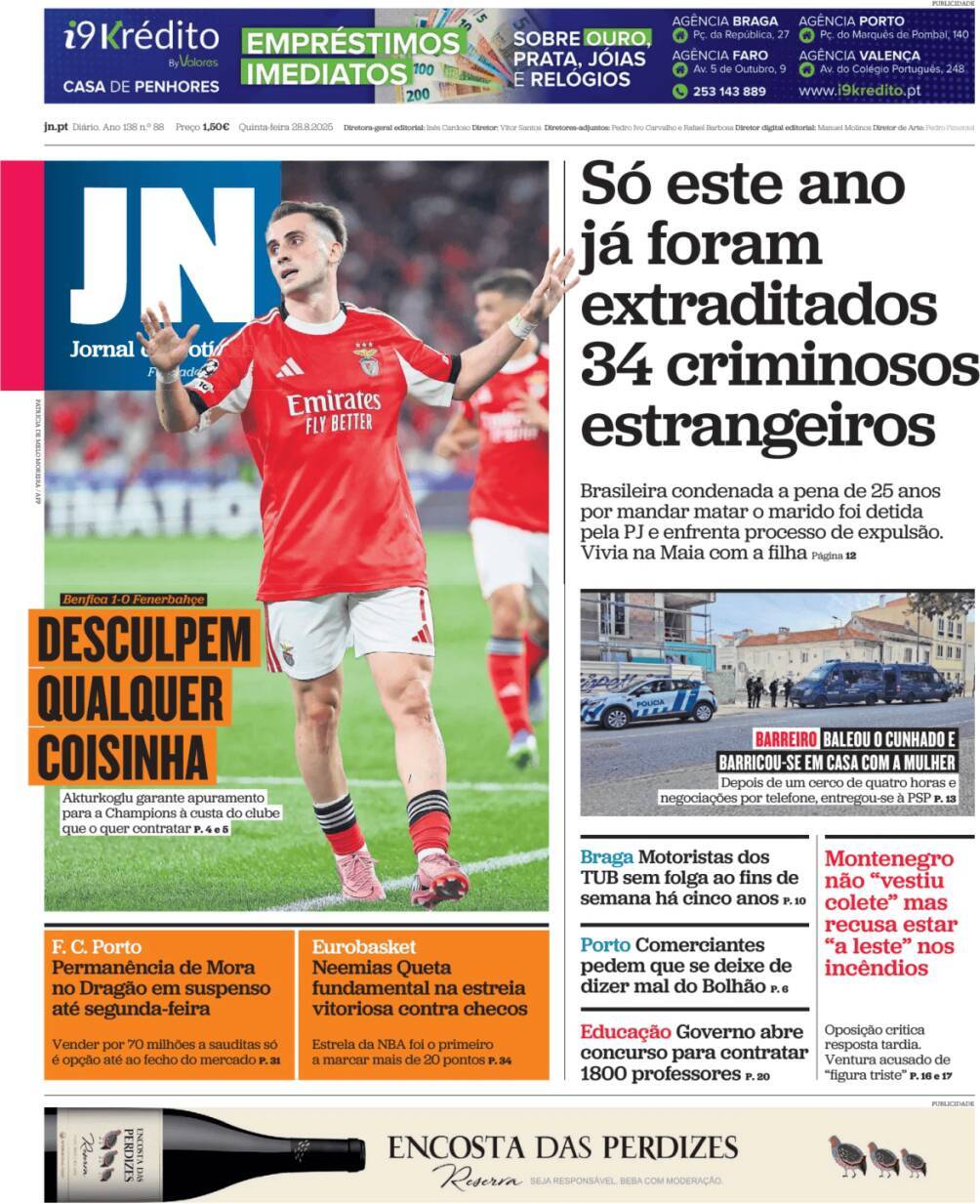 Jornal de Not&iacute;cias: Capa da Edi&ccedil;&atilde;o de quinta-feira, 28 de agosto 2025