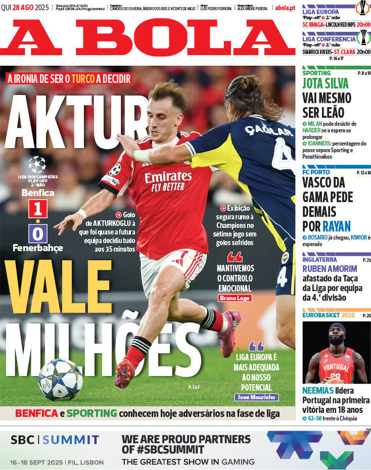 A Bola: Capa da Edi&ccedil;&atilde;o de quinta-feira, 28 de agosto 2025