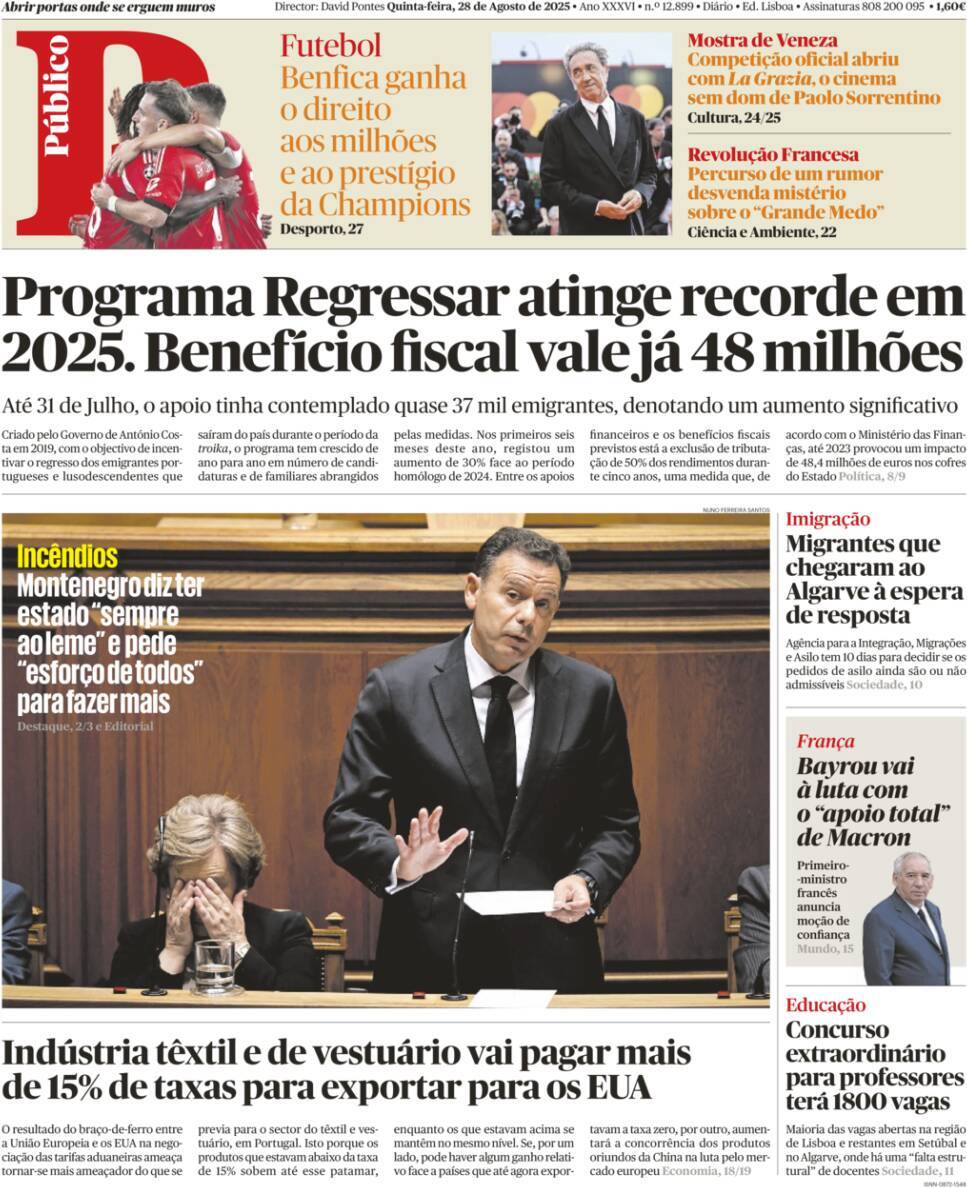 P&uacute;blico: Capa da Edi&ccedil;&atilde;o de quinta-feira, 28 de agosto 2025