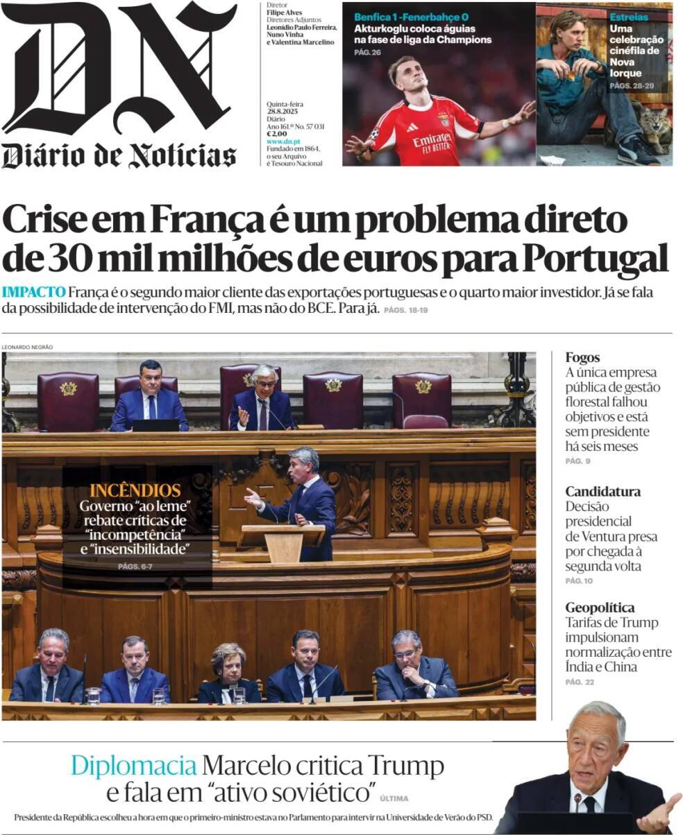 Di&aacute;rio de Not&iacute;cias: Capa da Edi&ccedil;&atilde;o de quinta-feira, 28 de agosto 2025