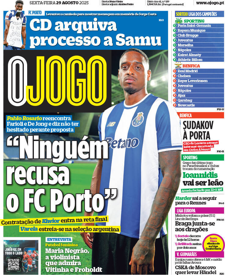 O Jogo: Capa da Edi&ccedil;&atilde;o de sexta-feira, 29 de agosto 2025