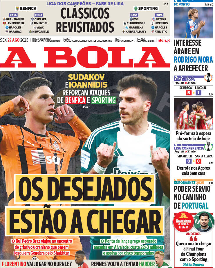 A Bola: Capa da Edi&ccedil;&atilde;o de sexta-feira, 29 de agosto 2025