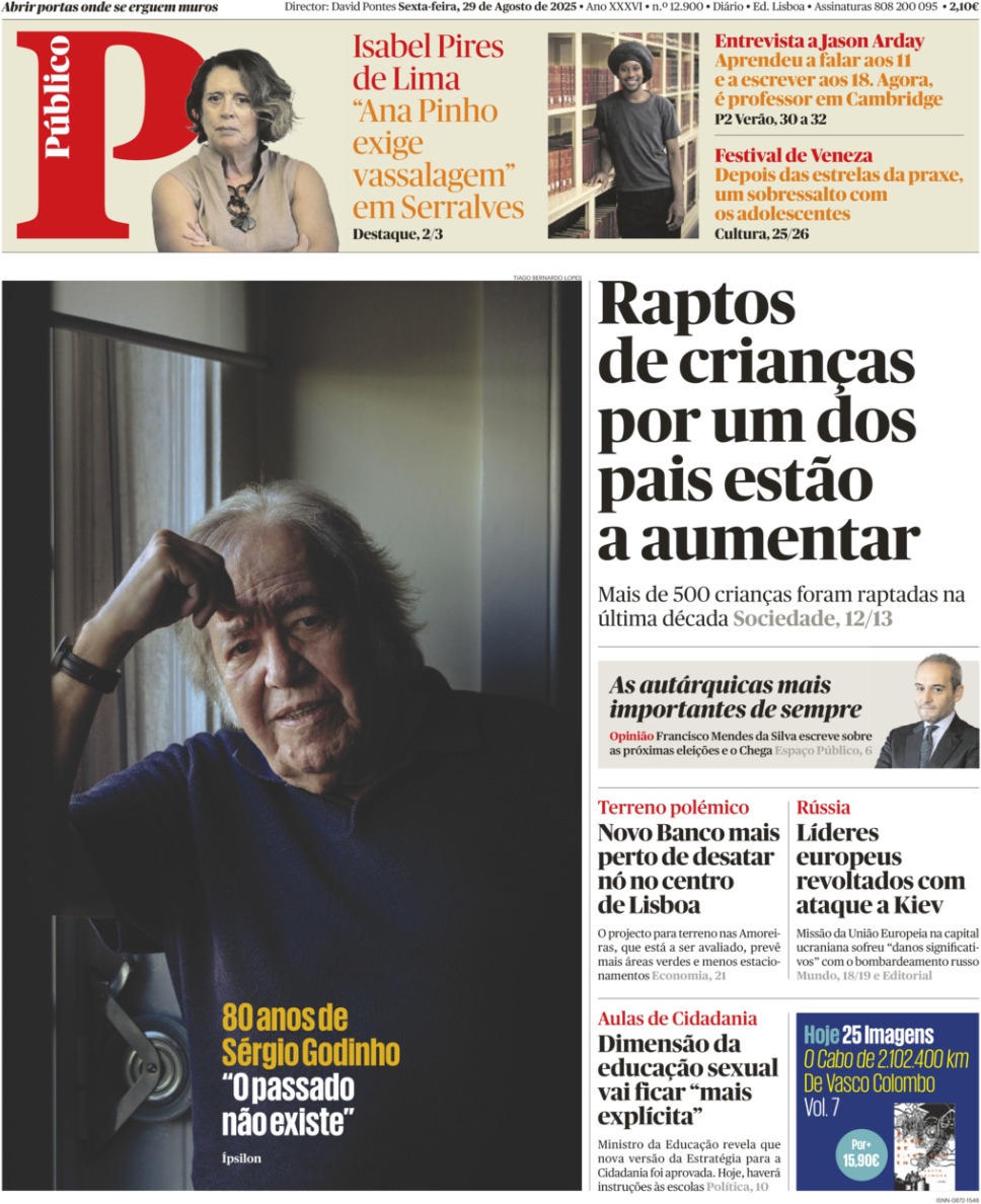 P&uacute;blico: Capa da Edi&ccedil;&atilde;o de sexta-feira, 29 de agosto 2025