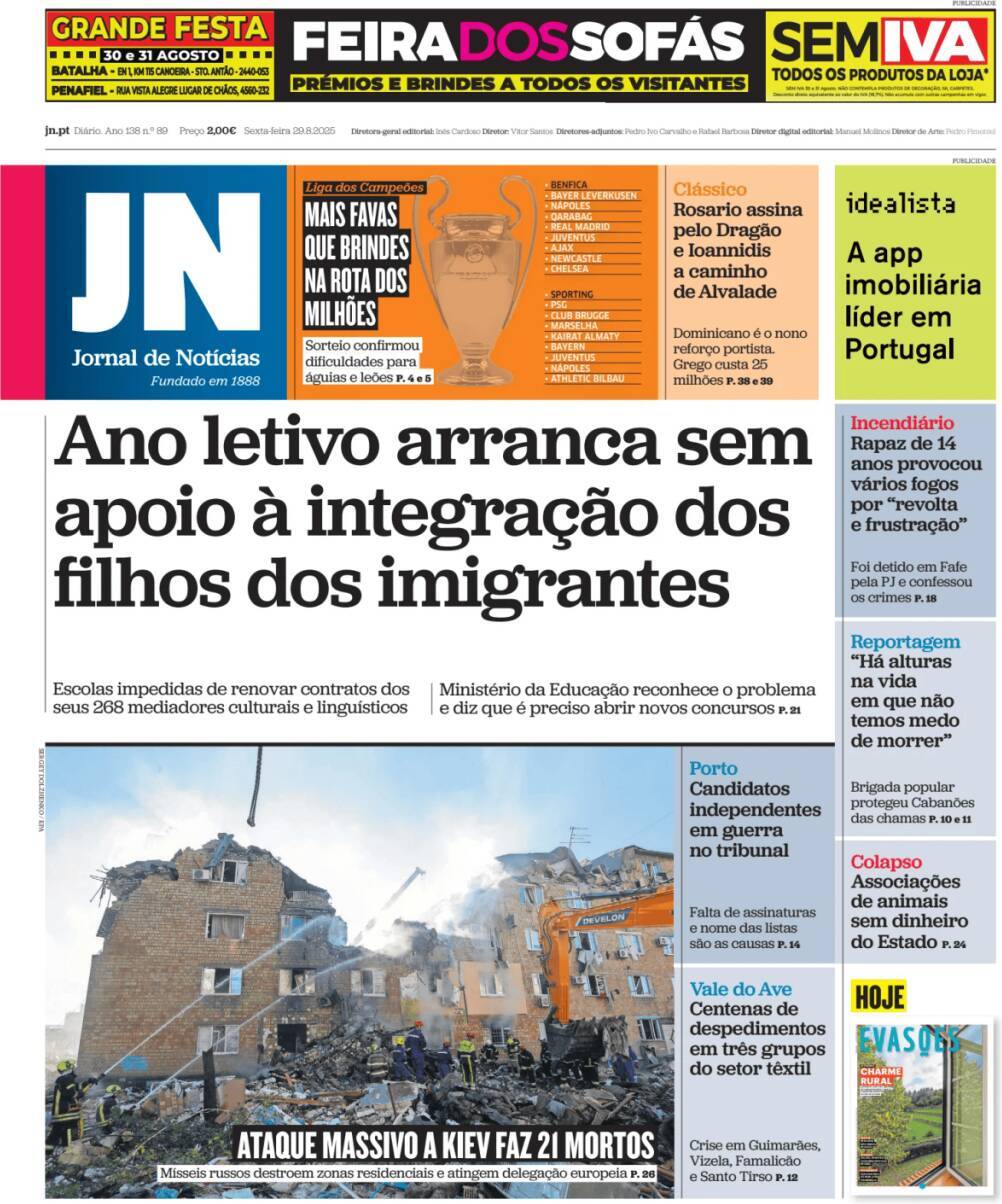 Jornal de Not&iacute;cias: Capa da Edi&ccedil;&atilde;o de sexta-feira, 29 de agosto 2025