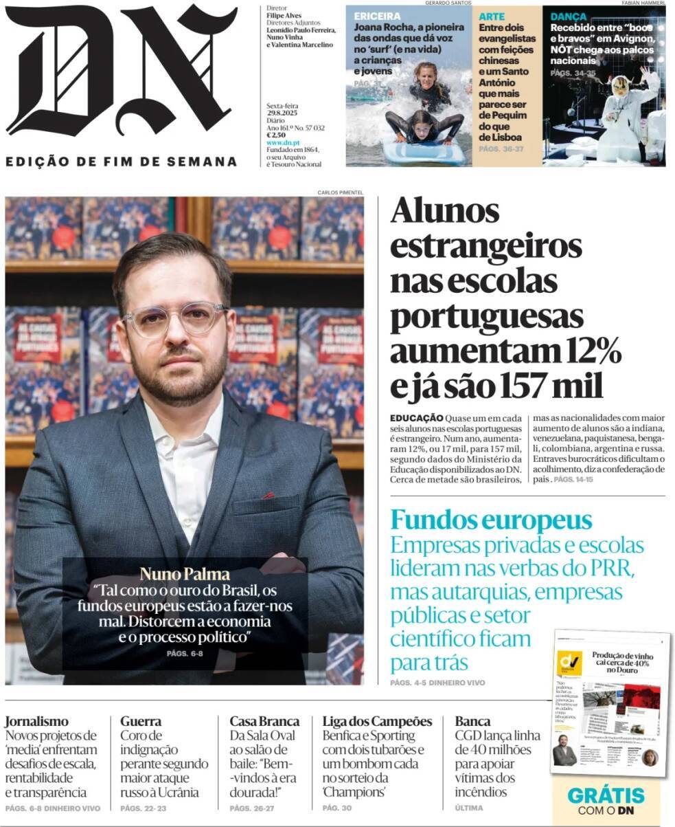 Di&aacute;rio de Not&iacute;cias: Capa da Edi&ccedil;&atilde;o de sexta-feira, 29 de agosto 2025