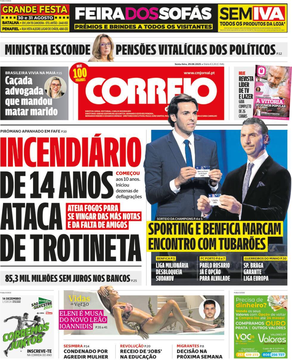 Correio da Manh&atilde;: Capa da Edi&ccedil;&atilde;o de sexta-feira, 29 de agosto 2025