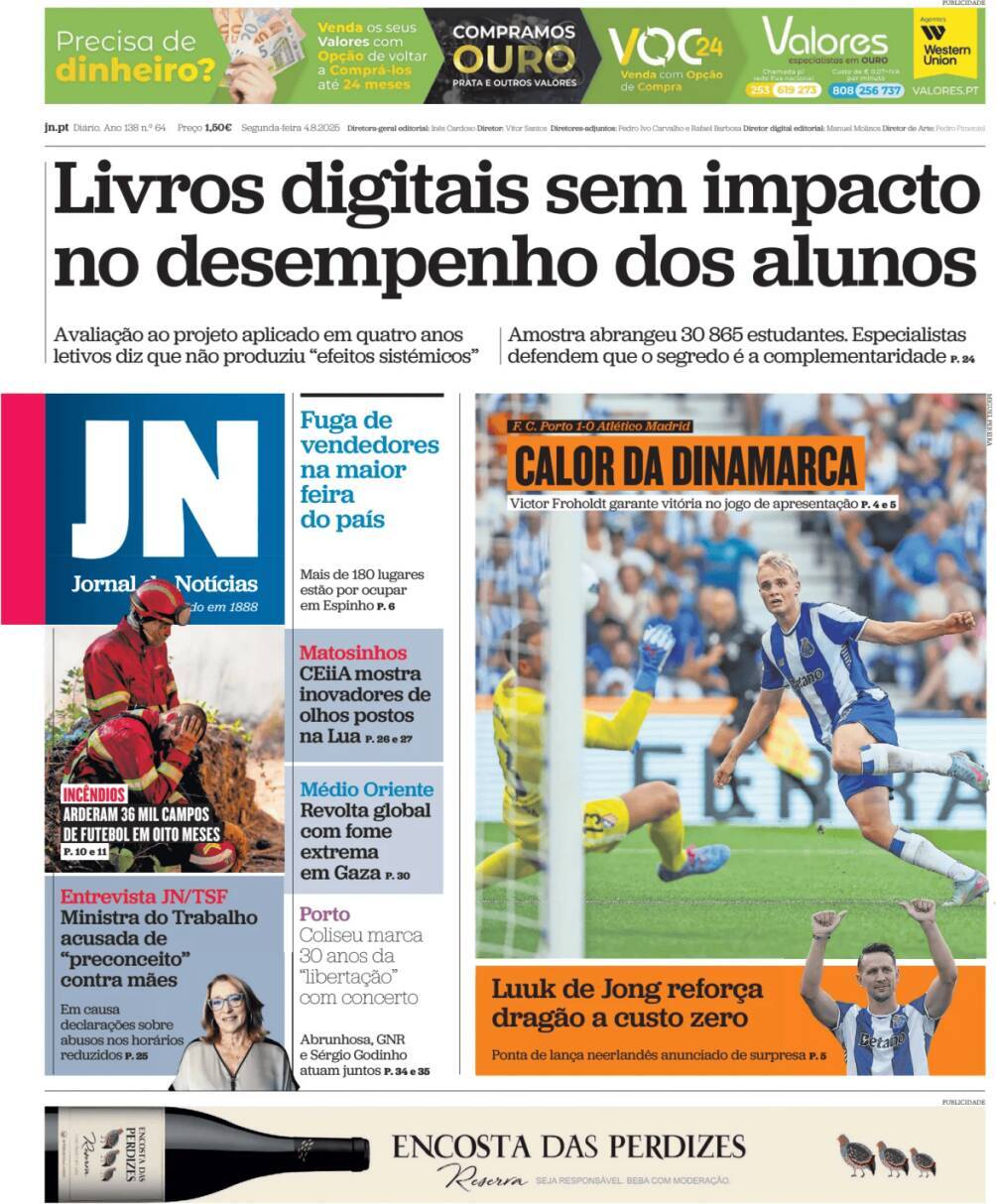Jornal de Not&iacute;cias: Capa da Edi&ccedil;&atilde;o de segunda-feira, 04 de agosto 2025