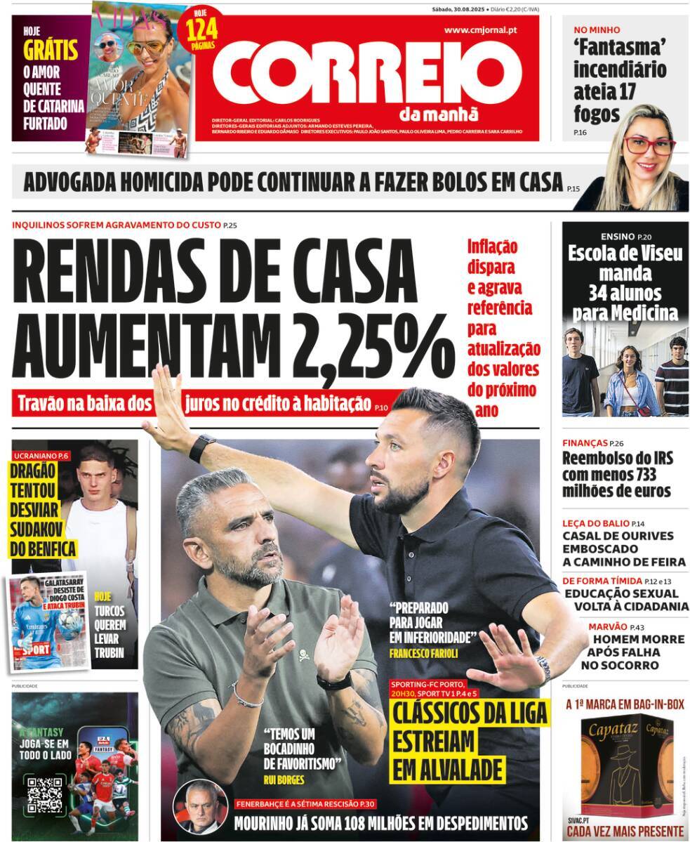 Correio da Manh&atilde;: Capa da Edi&ccedil;&atilde;o de s&aacute;bado, 30 de agosto 2025