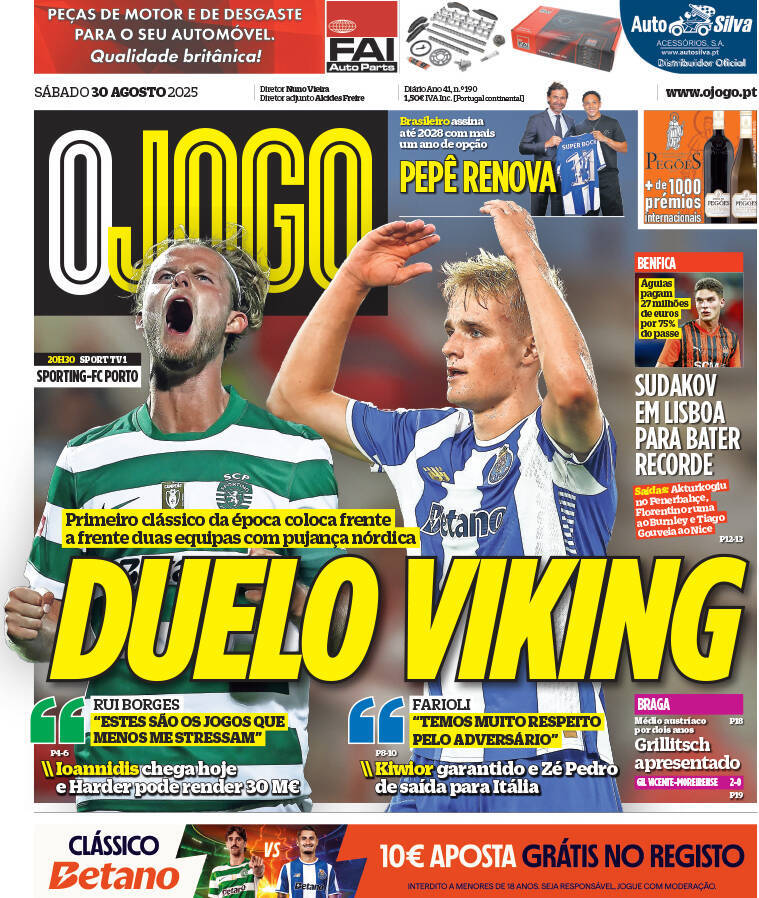 O Jogo: Capa da Edi&ccedil;&atilde;o de s&aacute;bado, 30 de agosto 2025