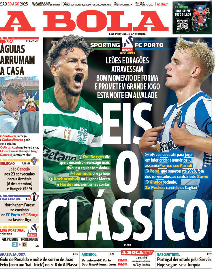 A Bola: Capa da Edi&ccedil;&atilde;o de s&aacute;bado, 30 de agosto 2025