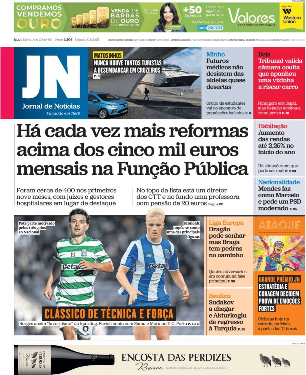 Jornal de Not&iacute;cias: Capa da Edi&ccedil;&atilde;o de s&aacute;bado, 30 de agosto 2025