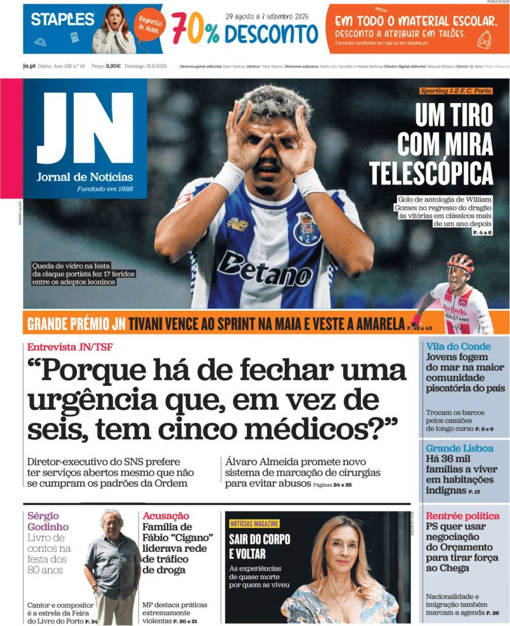 Jornal de Not&iacute;cias: Capa da Edi&ccedil;&atilde;o de domingo, 31 de agosto 2025