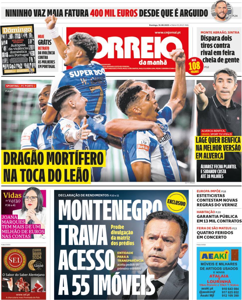 Correio da Manh&atilde;: Capa da Edi&ccedil;&atilde;o de domingo, 31 de agosto 2025