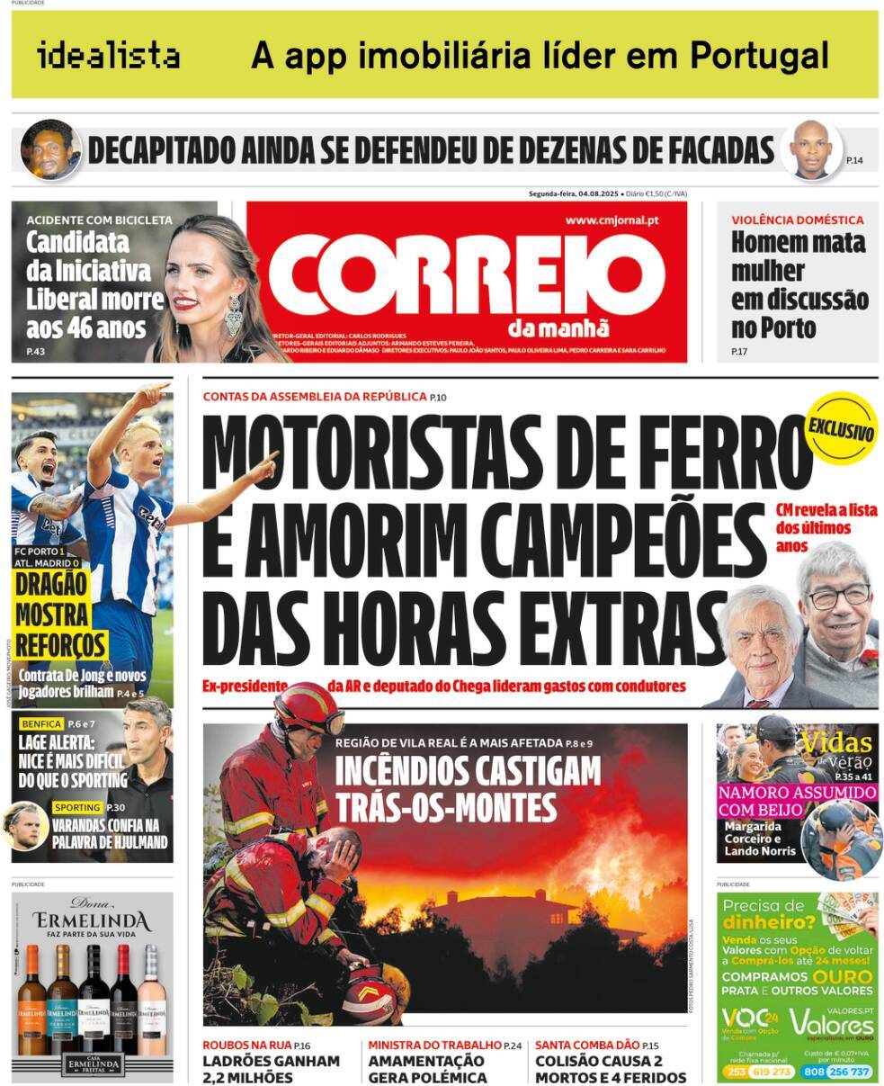 Correio da Manh&atilde;: Capa da Edi&ccedil;&atilde;o de segunda-feira, 04 de agosto 2025