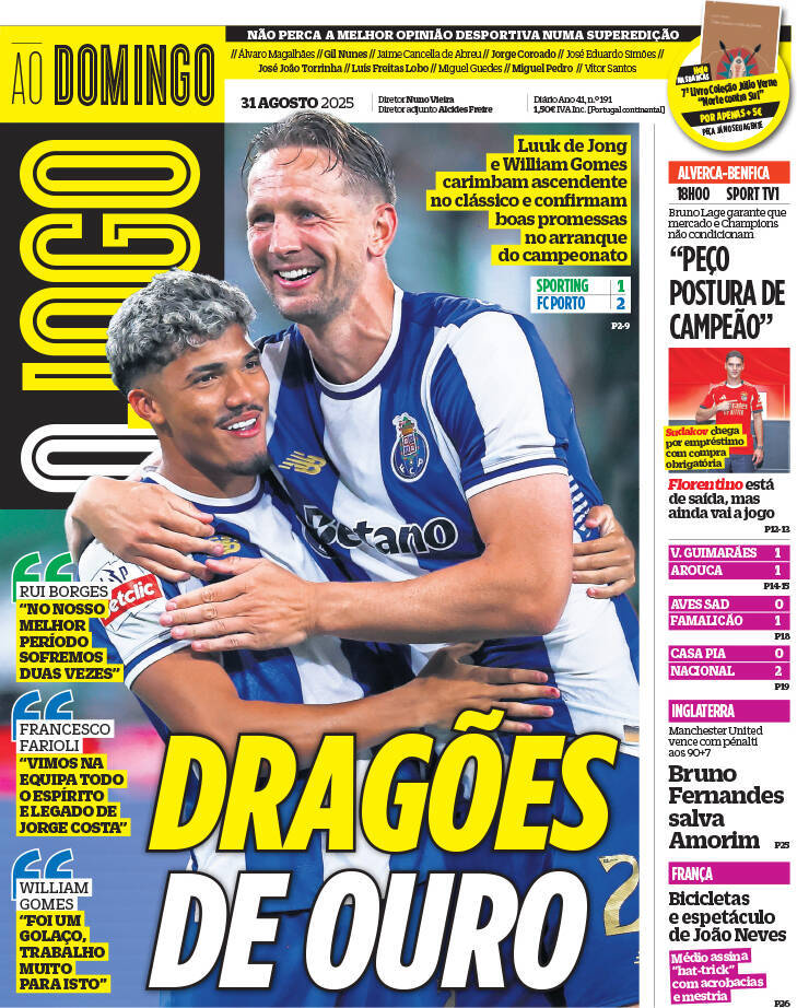 O Jogo: Capa da Edi&ccedil;&atilde;o de domingo, 31 de agosto 2025