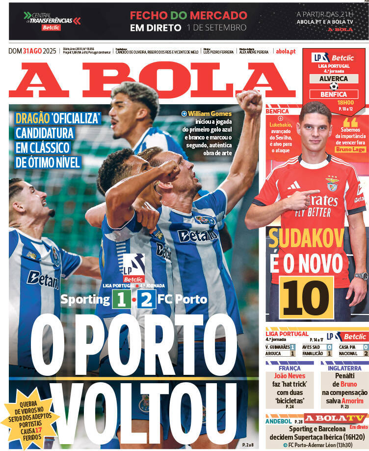 A Bola: Capa da Edi&ccedil;&atilde;o de domingo, 31 de agosto 2025