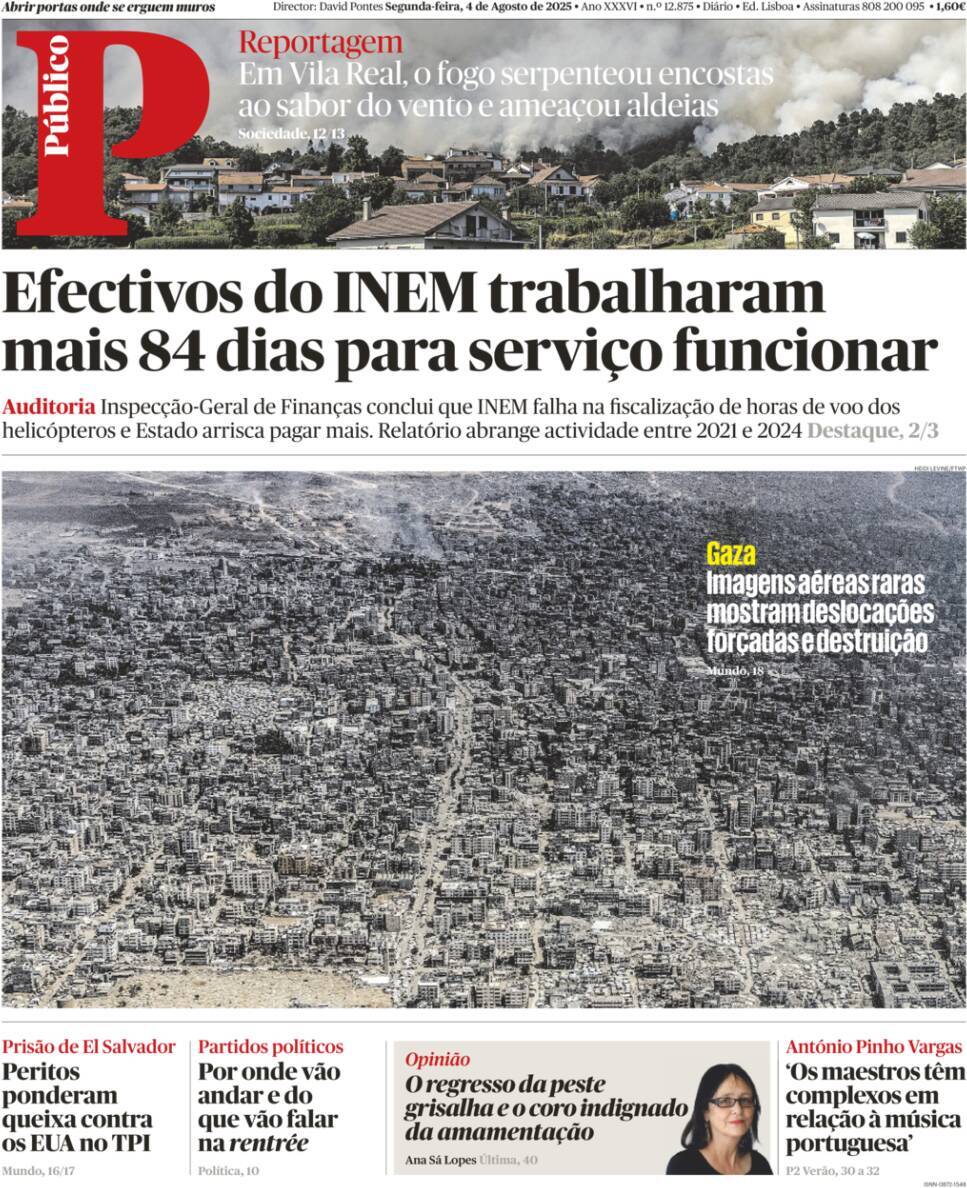 P&uacute;blico: Capa da Edi&ccedil;&atilde;o de segunda-feira, 04 de agosto 2025