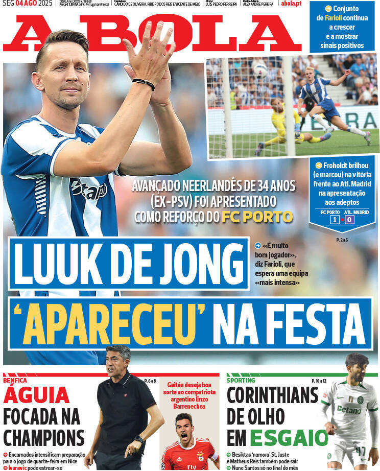 A Bola: Capa da Edi&ccedil;&atilde;o de segunda-feira, 04 de agosto 2025