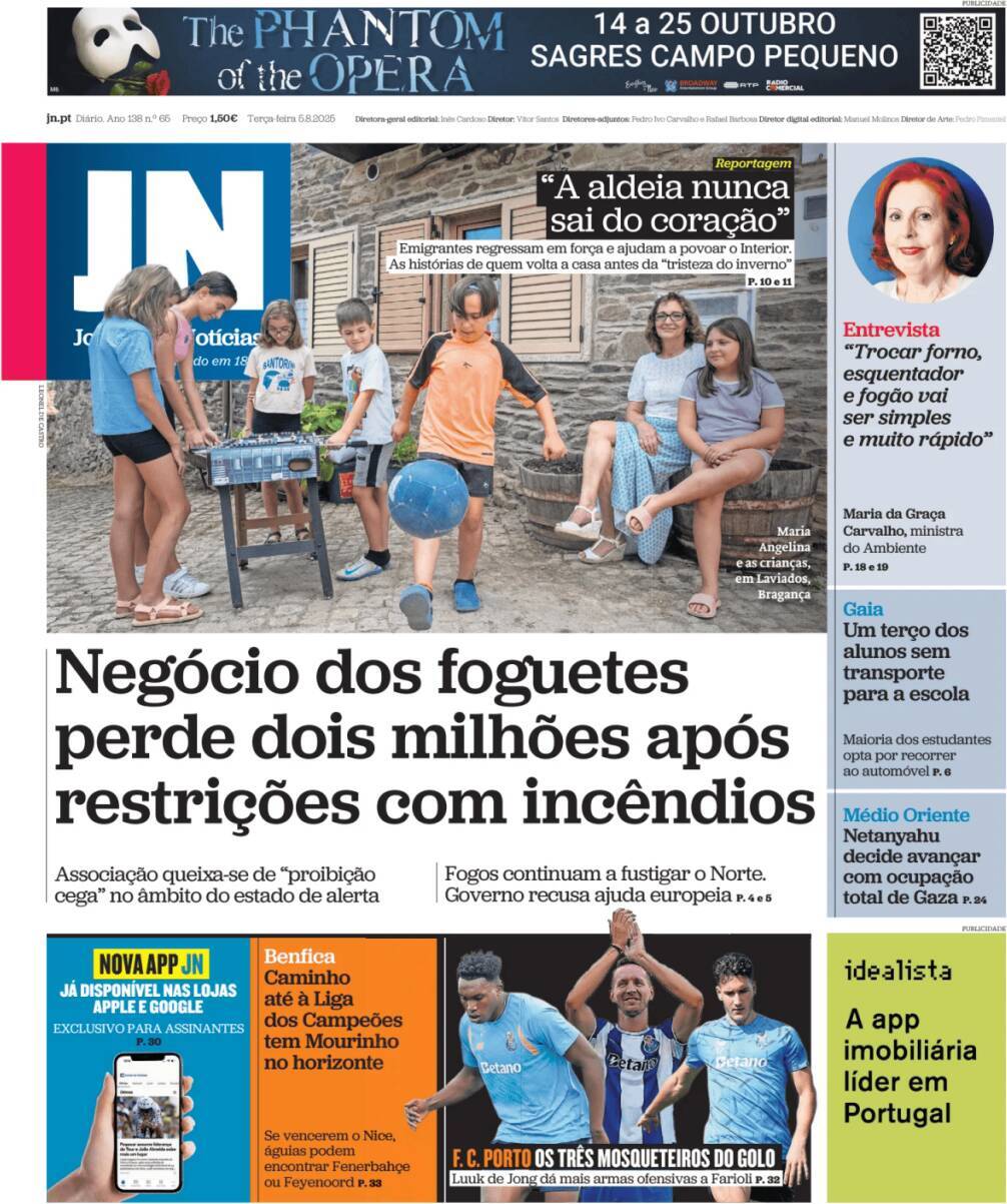 Jornal de Not&iacute;cias: Capa da Edi&ccedil;&atilde;o de ter&ccedil;a-feira, 05 de agosto 2025