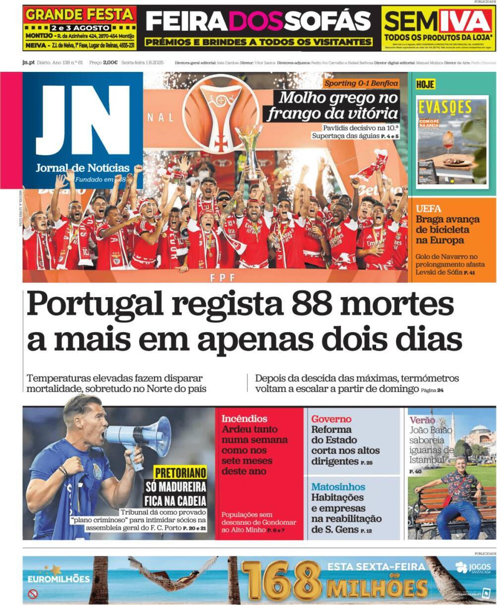 Jornal de Not&iacute;cias: Capa da Edi&ccedil;&atilde;o de sexta-feira, 01 de agosto 2025
