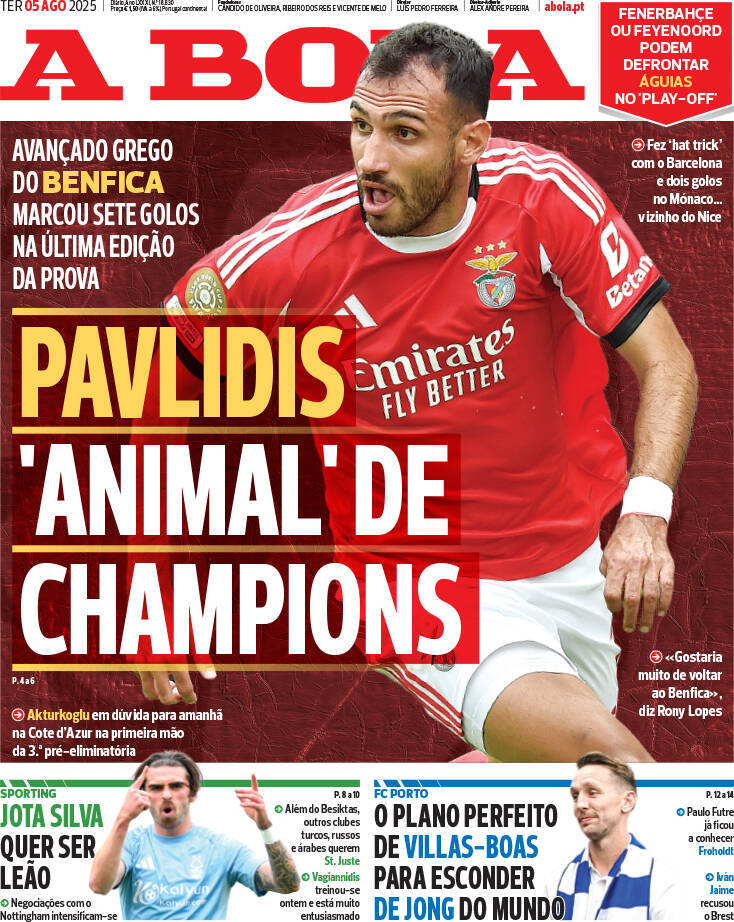 A Bola: Capa da Edi&ccedil;&atilde;o de ter&ccedil;a-feira, 05 de agosto 2025