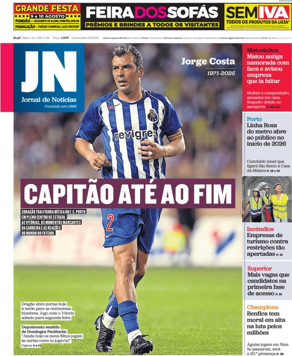 Jornal de Not&iacute;cias: Capa da Edi&ccedil;&atilde;o de quarta-feira, 06 de agosto 2025