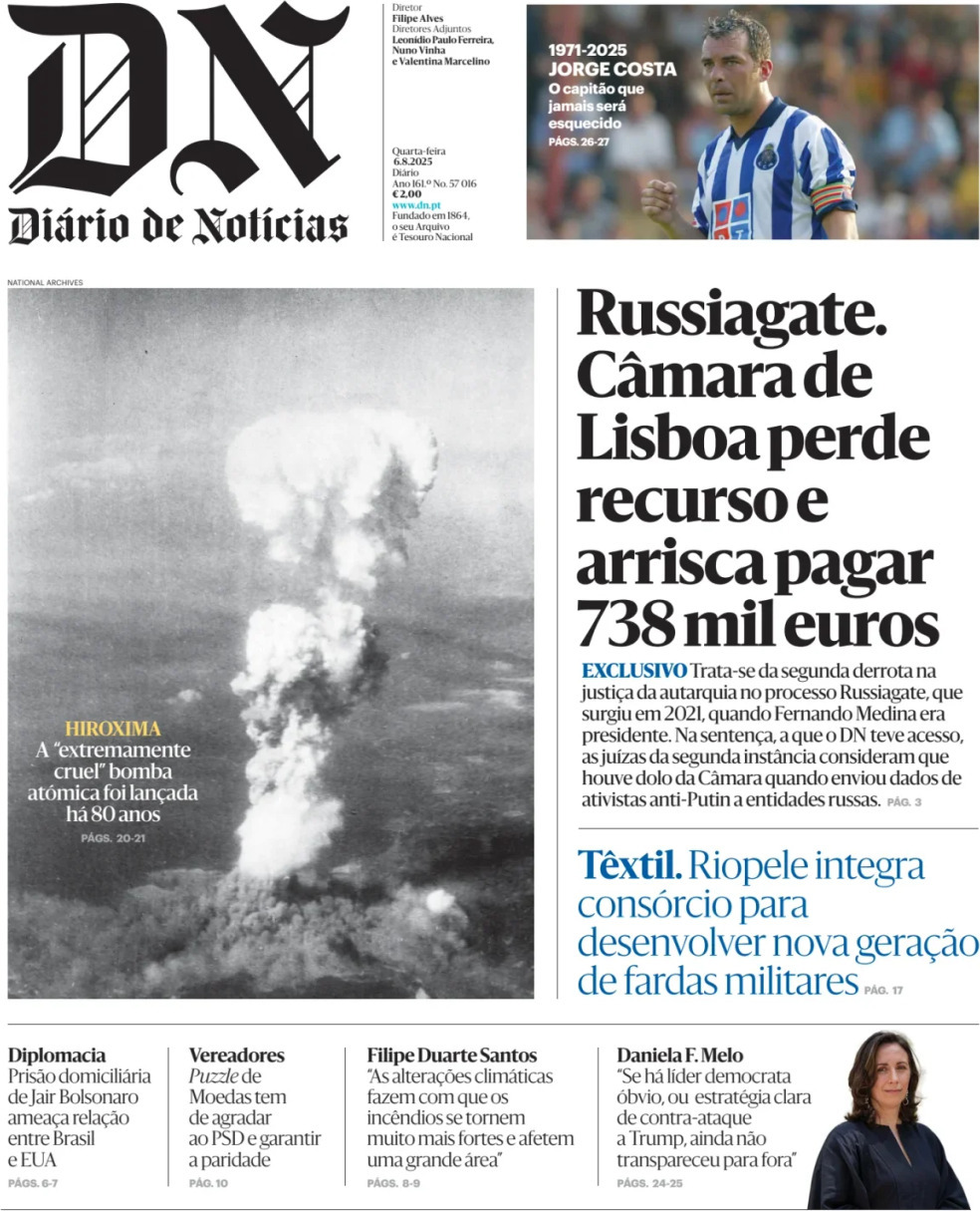 Di&aacute;rio de Not&iacute;cias: Capa da Edi&ccedil;&atilde;o de quarta-feira, 06 de agosto 2025