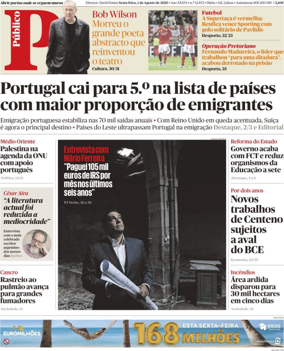 P&uacute;blico: Capa da Edi&ccedil;&atilde;o de sexta-feira, 01 de agosto 2025