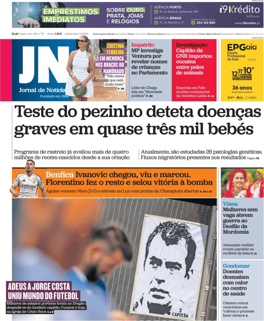 Jornal de Not&iacute;cias: Capa da Edi&ccedil;&atilde;o de quinta-feira, 07 de agosto 2025