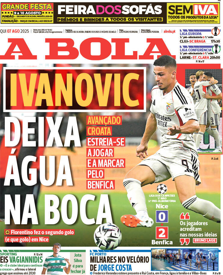 A Bola: Capa da Edi&ccedil;&atilde;o de quinta-feira, 07 de agosto 2025