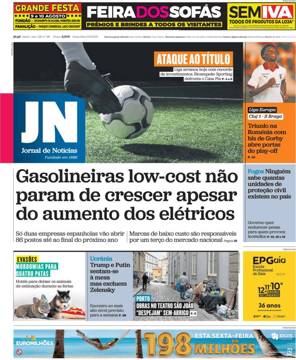 Jornal de Not&iacute;cias: Capa da Edi&ccedil;&atilde;o de sexta-feira, 08 de agosto 2025