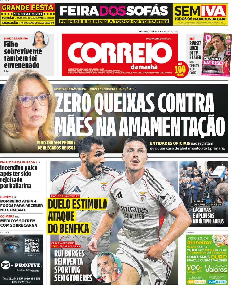 Correio da Manh&atilde;: Capa da Edi&ccedil;&atilde;o de sexta-feira, 08 de agosto 2025