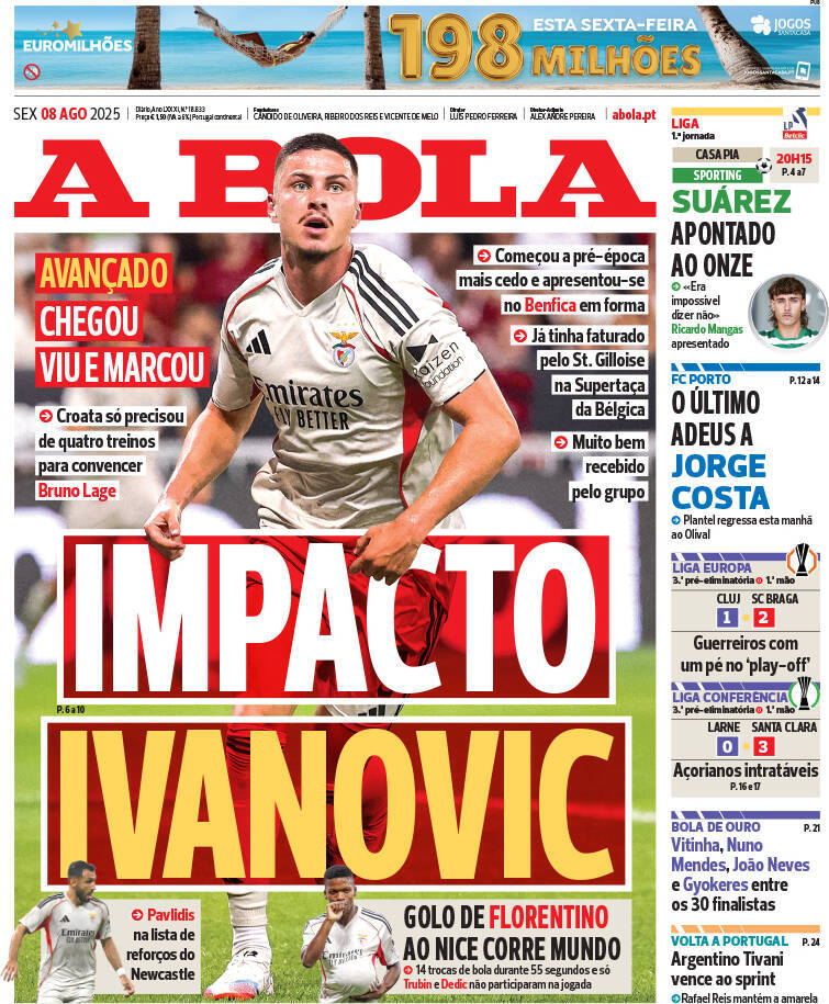 A Bola: Capa da Edi&ccedil;&atilde;o de sexta-feira, 08 de agosto 2025