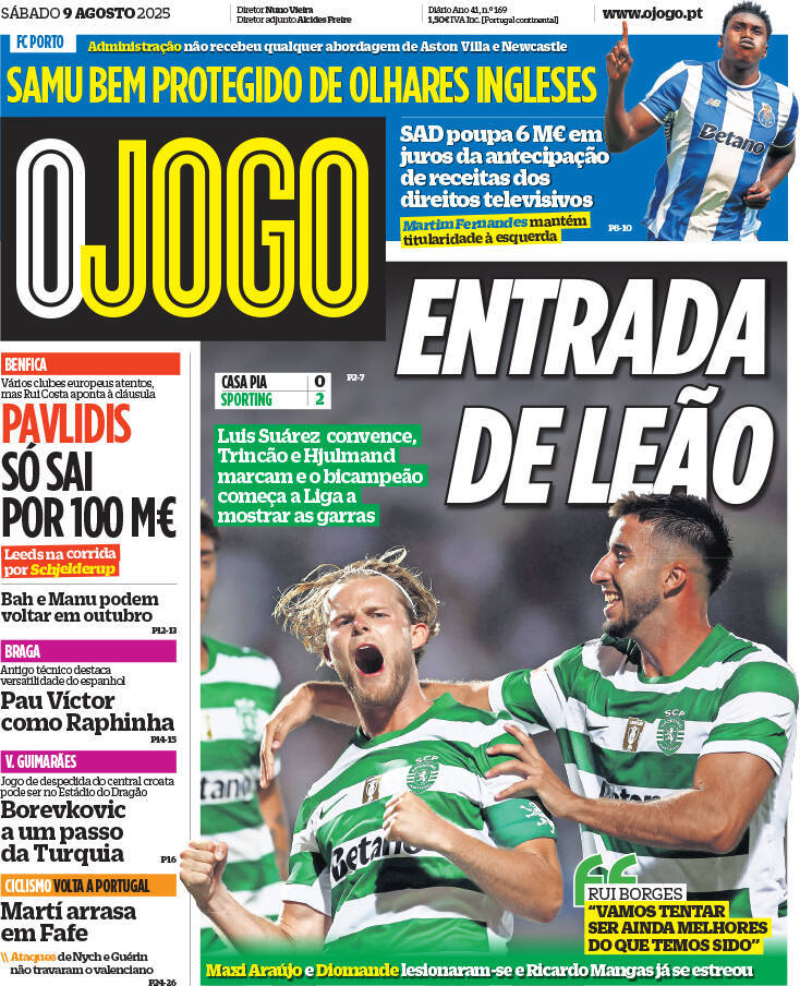 O Jogo: Capa da Edi&ccedil;&atilde;o de s&aacute;bado, 09 de agosto 2025