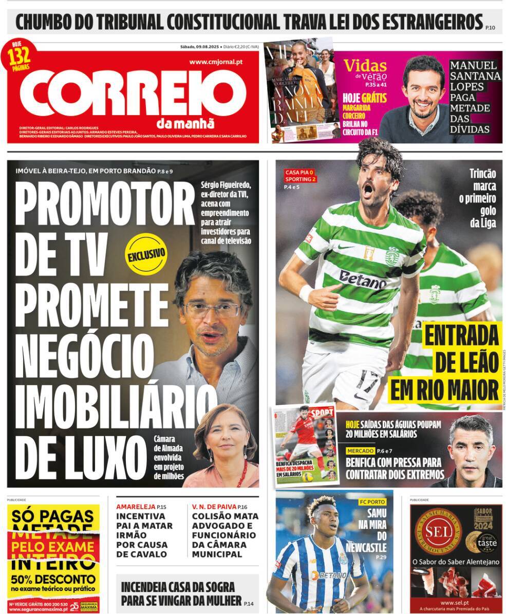 Correio da Manh&atilde;: Capa da Edi&ccedil;&atilde;o de s&aacute;bado, 09 de agosto 2025
