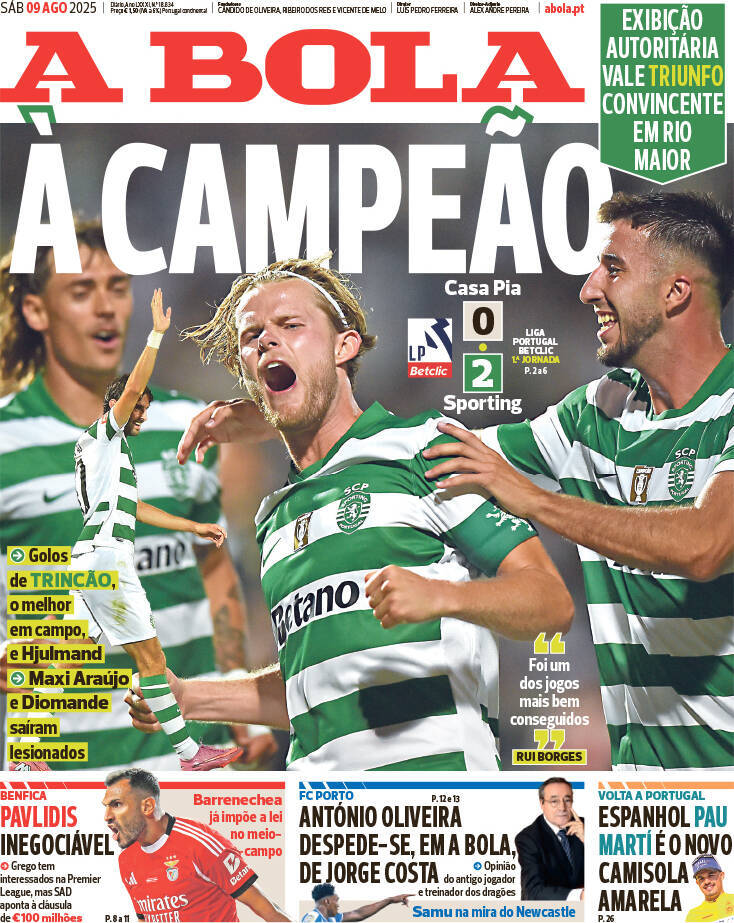 A Bola: Capa da Edi&ccedil;&atilde;o de s&aacute;bado, 09 de agosto 2025
